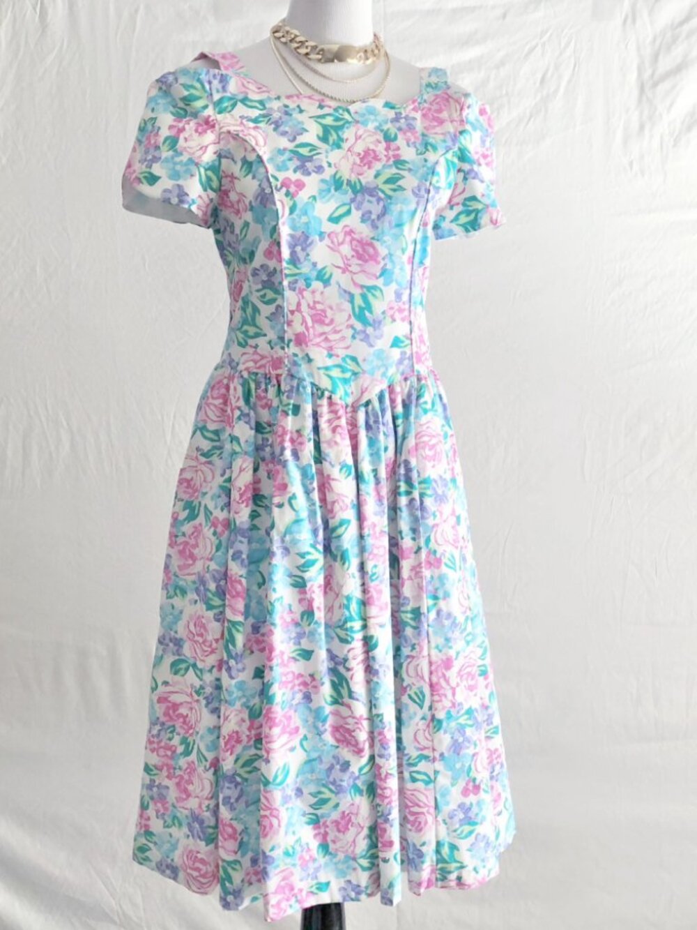 Vintage 80s Cary Princess Waist Floral Semi Formal Dress Girls Size 14